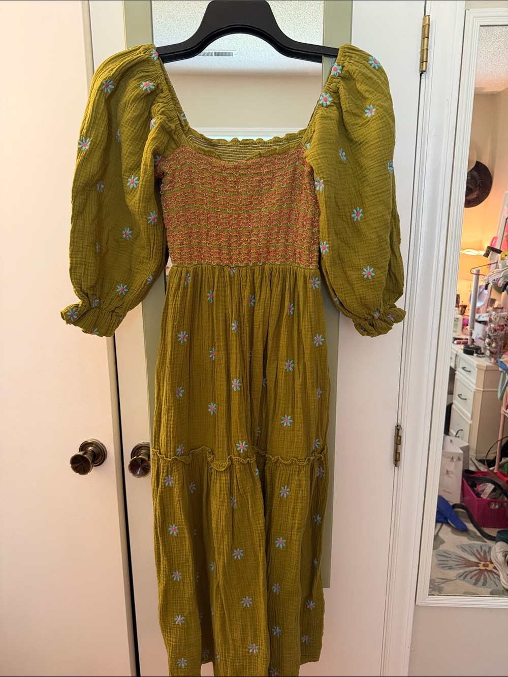 Smocked Puff Sleeve Midi Dress in Olive Green with Daisy Embroidery